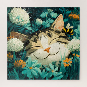 Aquarell-Biene Schlafende Katze Blumen Garten Puzzle