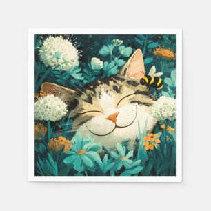 Aquarell-Biene Schlafende Katze Blumen Garten Serviette