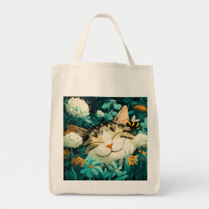 Aquarell-Biene Schlafende Katze Blumen Garten Tragetasche