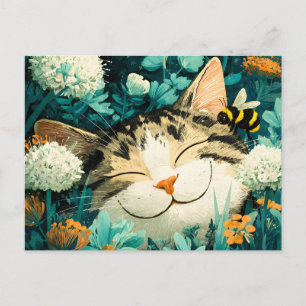Aquarell-Biene-schlafende-Katzen-Blumen-Garten Ankündigungspostkarte