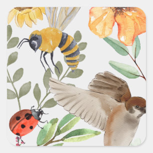 Aquarell-Biene, Spatz & Wildblumen-Flat-Papier Quadratischer Aufkleber