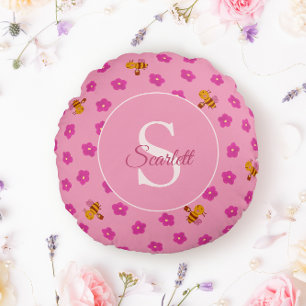 Aquarell Biene und Blumen Monogramm Name Rundes Kissen