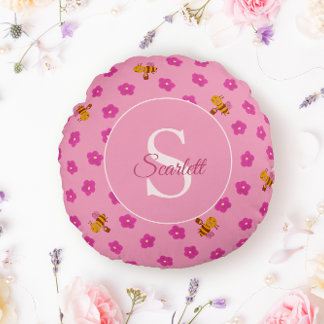 Aquarell Biene und Blumen Monogramm Name Rundes Kissen