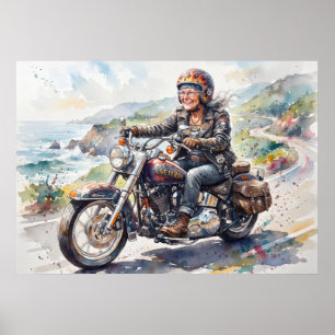 Aquarell Biker Oma fährt Motorrad Kunst Poster