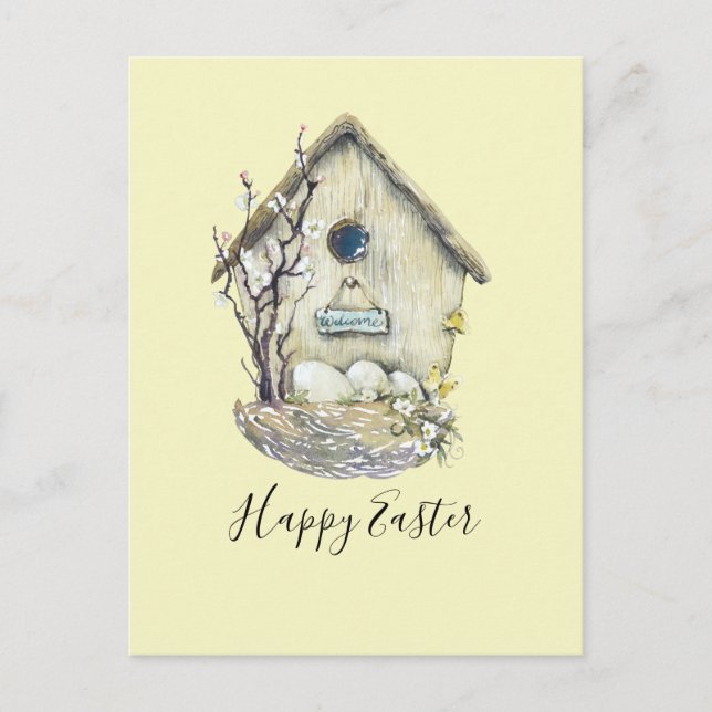 Aquarell Birdhouse Ei Nest Oster Postkarte (Vorderseite)