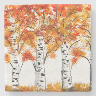Aquarell-Birken-Bäume-Herbst orange Blätter Steinuntersetzer