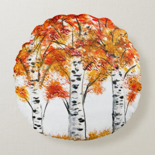 Aquarell-Birkenbäume Herbst Orange Blätter Rundes Kissen