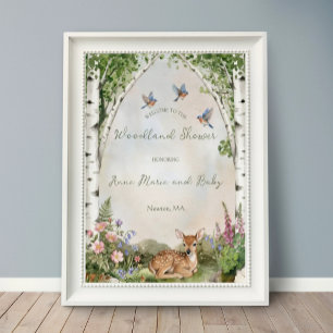 Aquarell-Birkenbäume & Rehkitz Wald-Babyparty Poster