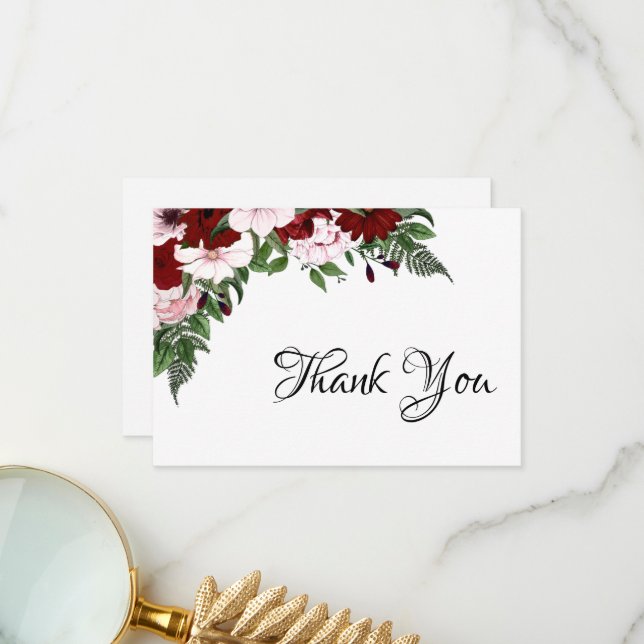 Aquarell Bläserne Burgundy Weiße Grüne Dankeskarte (Vorderseite/Rückseite Beispiel)