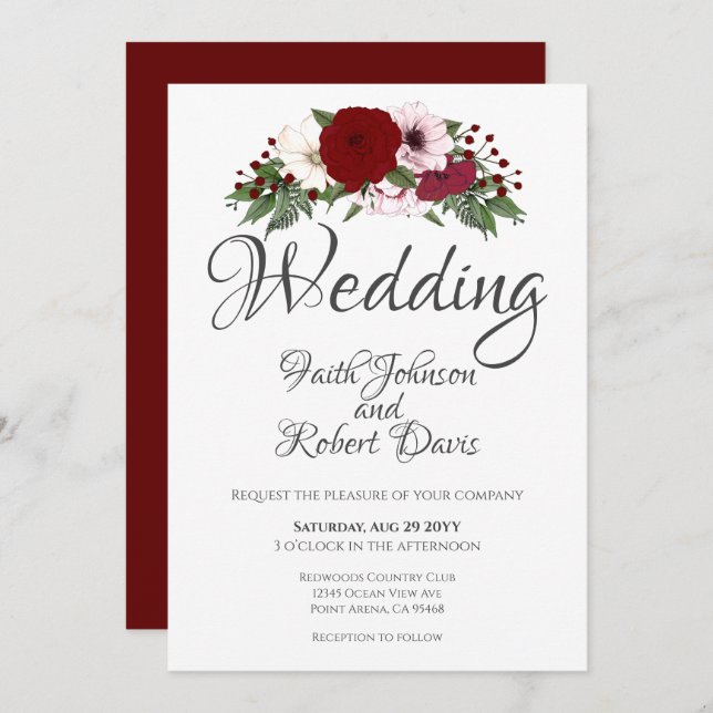 Aquarell Bläserne Burgundy Weiße Grüne Einladung (Vorne/Hinten)