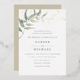 Aquarell-Blatt-Gold-Schimmer-Hochzeit Folieneinladung