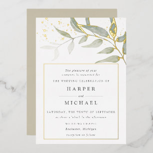 Aquarell-Blatt-Gold-Schimmer-Hochzeitsfolie-Einlad Folieneinladung