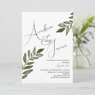 Aquarell-Blatt-Zweig-Grün Schrift Hochzeit Einladung