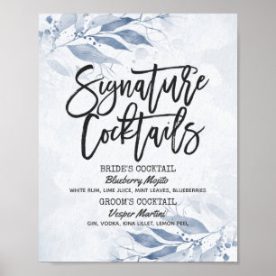 Aquarell-Blätter Hochzeit Signature Drink Menü Poster
