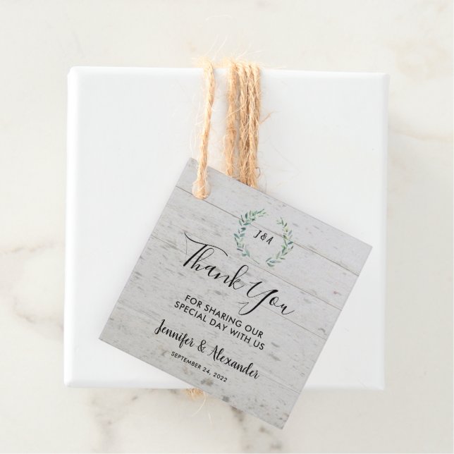 Aquarell-Blätter rustikale Holz-Monogramm Danke Geschenkanhänger (Beispiel)