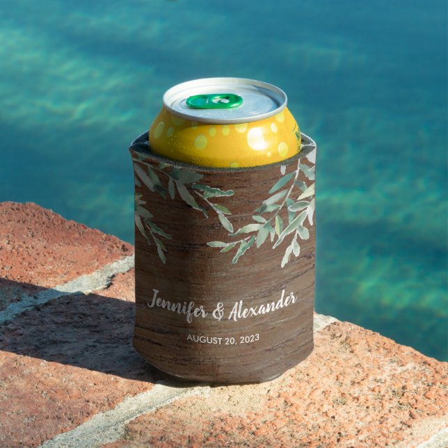 Aquarell Blätter rustikale Holzbräune Hochzeit Dosenkühler (In Situ Pool)