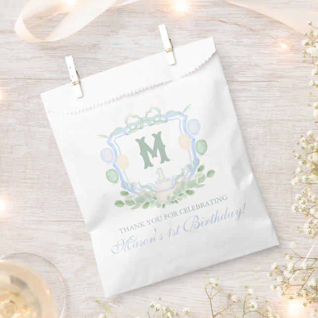 Aquarell Blau 1. Geburtstag Monogramm-Wappen-Gesch Geschenktütchen (Ausgeschnitten)