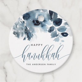 Aquarell Blau Blumen Happy Hanukkah Calligraphy Geschenkanhänger