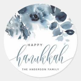 Aquarell Blau Blumen Happy Hanukkah Calligraphy Runder Aufkleber