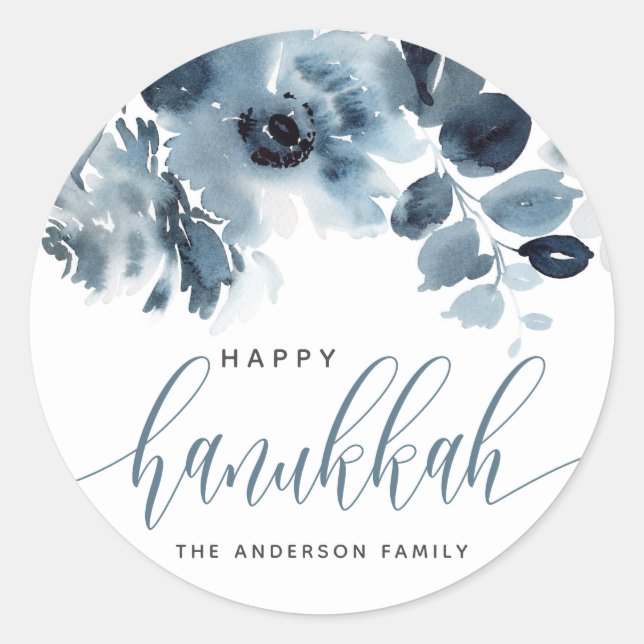 Aquarell Blau Blumen Happy Hanukkah Calligraphy Runder Aufkleber (Vorderseite)
