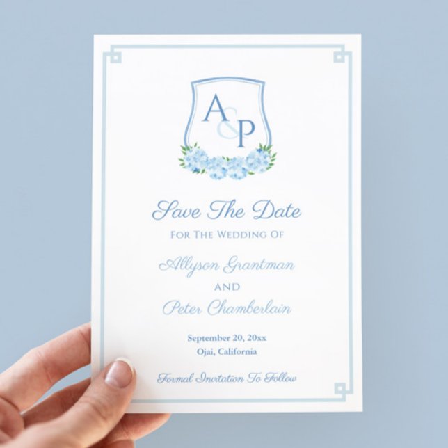 Aquarell Blau Botanisches Monogramm Hochzeitswappe Save The Date (Save The Date Card design featuring a watercolor blue hydrangea crest, greek key border and backer)