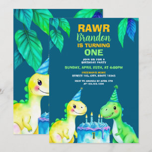 Aquarell Blau Gelb Dinosaurier 1. Geburtstag Einladung