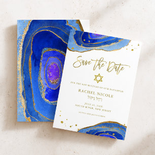Aquarell Blau Geode mit Gold Bat Mitzvah Save The Date