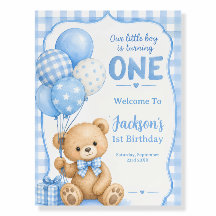 Aquarell Blau Gingham Kleiner Bär 1. Geburtstag