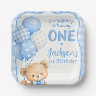 Aquarell Blau Gingham Kleiner Bär 1. Geburtstag Pappteller