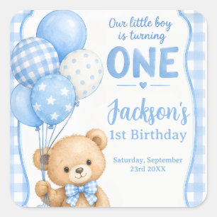 Aquarell Blau Gingham Kleiner Bär 1. Geburtstag Quadratischer Aufkleber