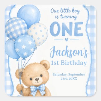 Aquarell Blau Gingham Kleiner Bär 1. Geburtstag Quadratischer Aufkleber