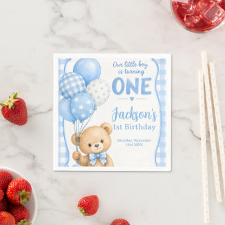 Aquarell Blau Gingham Kleiner Bär 1. Geburtstag Serviette