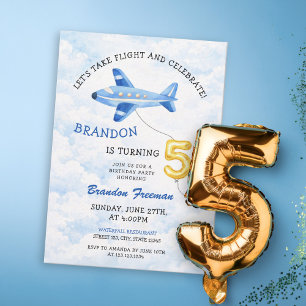 Aquarell Blau & Gold Flugzeug 5. Geburtstag Einladung