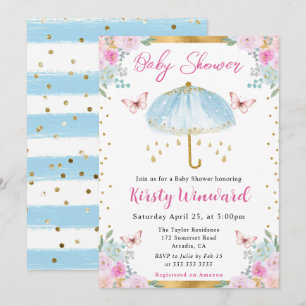 Aquarell Blau Gold Frühling Schirm Baby Shower Einladung