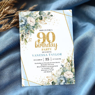 Aquarell Blau Gold Glanz 90. Geburtstagseinladung Einladung
