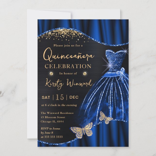 Aquarell Blau & Gold Glitzer Kleid Quinceanera Einladung (Vorderseite)