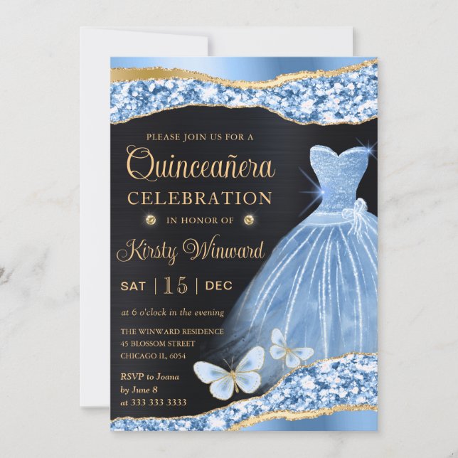 Aquarell Blau & Gold Glitzer Kleid Quinceanera Einladung (Vorderseite)