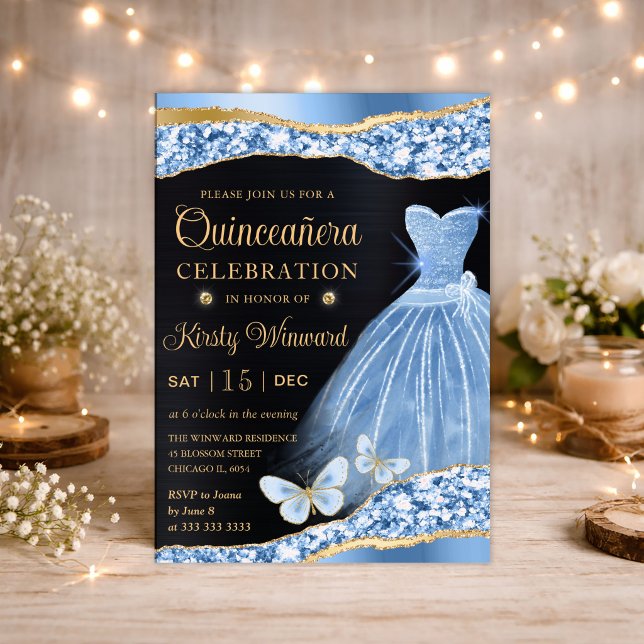 Aquarell Blau & Gold Glitzer Kleid Quinceanera Einladung (Von Creator hochgeladen)