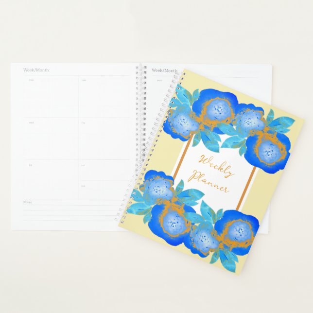 Aquarell Blau Gold Rosen Wöchentlich Planer (Anzeige)