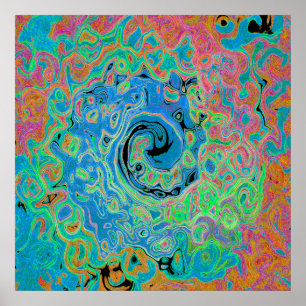 Aquarell Blau Groovy Abstrakter Retro Flüssigkeits Poster