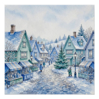 Aquarell Blau Grüne Weihnachtsdorfmarkt Poster