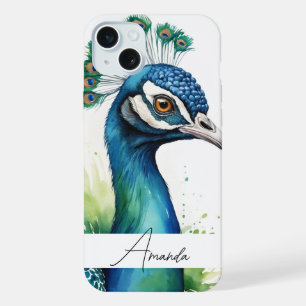 Aquarell Blau Pfau Gesicht Name iPhone 15 Plus Hülle
