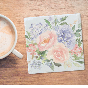 Aquarell Blau Rosa Hortensie Pfingstrose Frühlings Steinuntersetzer