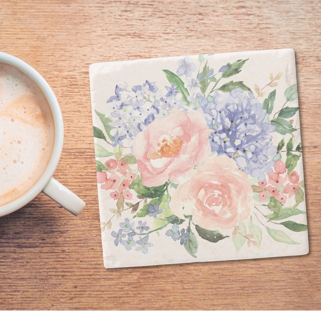 Aquarell Blau Rosa Hortensie Pfingstrose Frühlings Steinuntersetzer (In situ)