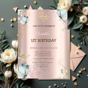 Aquarell Blau Schmetterlinge Roségold Geburtstag Einladung