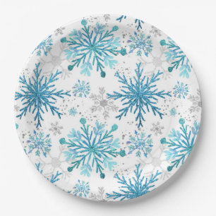 Aquarell Blau & Silber Glitter Winter Schneeflocke Pappteller