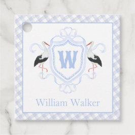 Aquarell Blau Storch Gingham Monogrammwappen Geschenkanhänger