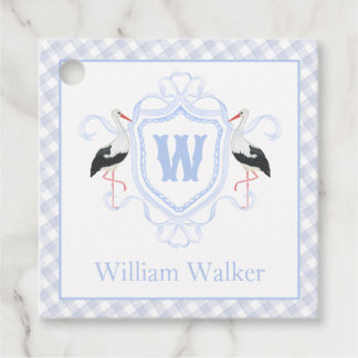 Aquarell Blau Storch Gingham Monogrammwappen Geschenkanhänger