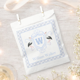 Aquarell Blau Storch Gingham Monogrammwappen Geschenktütchen