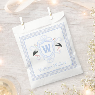 Aquarell Blau Storch Gingham Monogrammwappen Geschenktütchen